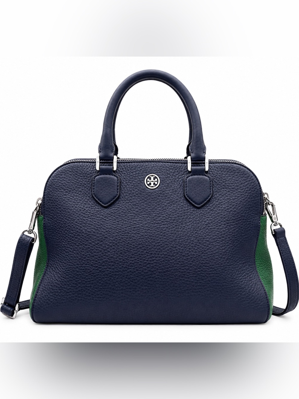 Tory Burch Navy & Green Pebbled Leather Triple Zip Satchel Crossbody